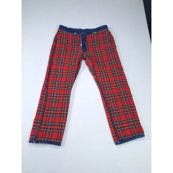 L.L. Bean Jeans‎ Mens 38×30 Vintage Blue Denim Flannel Lined Red Tartan Plaid